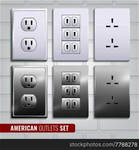 Set of american outlets at white plastic plates isolated on light brick wall background 3d vector illustration . American Outlets Set
