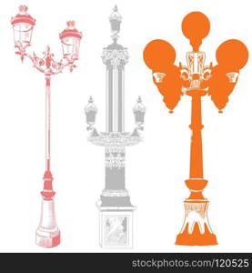 Set of ancient lanterns and decorative element isolated vector hand drawing illustration in different colors on white background. Part 9
