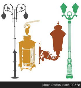 Set of ancient lanterns and decorative element isolated vector hand drawing illustration in different colors on white background. Part 10