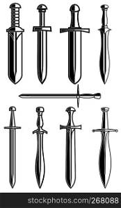 Set of ancient swords on white background. Design element for logo, label, emblem, sign. Vector illustration