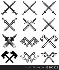 Set of ancient weapon. Knight swords, axes. Design element for logo, label, emblem, sign. Vector illustration
