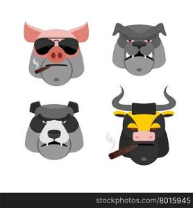 Set of angry animals. Head of a Pig and bull. Bad Bear and Bulldog. Vector illustration&#xA;
