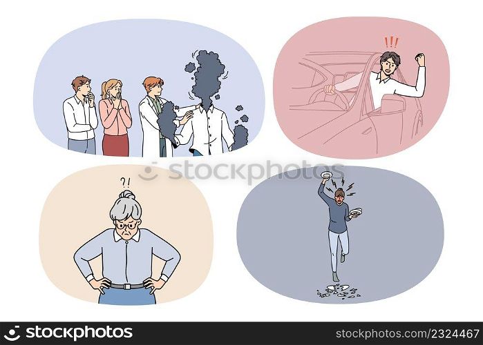 Set of angry people yell scream show emotions in conflict life situations. Collection of furious men and women shout and make noise. Rage and fury concept. Flat vector illustration.. Set of furious people scream and yell in conflict situations