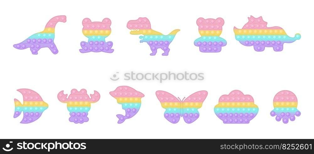Set of animal and dinosaur forms pop it a trendy pastel rainbow fidget toys. Addictive anti stress toy in pastel colors. Bubble sensory fashionable popit for kids. Isolated vector illustration. Set of animal and dinosaur forms pop it a trendy pastel rainbow fidget toys. Addictive anti stress toy in pastel colors. Bubble sensory fashionable popit for kids. Isolated vector illustration.