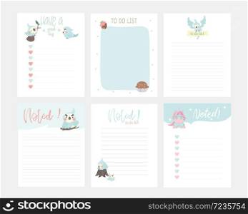 Set of animals and cute vector cards, notes, stickers, labels, tags with cute ornament illustrations. Template for scrapbooking, wrapping, notebooks, notebook, diary, decals, school accessories. Set of animals and cute vector cards.