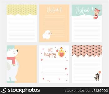 Set of animals and cute vector cards, notes, stickers, labels, tags with cute ornament illustrations. Template for scrapbooking, wrapping, notebooks, notebook, diary, decals, school accessories . Set of animals and cute vector cards.