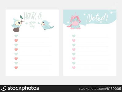 Set of animals and cute vector cards, notes, stickers, labels, tags with cute ornament illustrations. Template for scrapbooking, wrapping, notebooks, notebook, diary, decals, school accessories . Set of animals and cute vector cards.