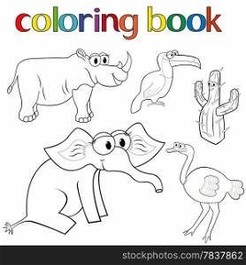 Set of animals for coloring book with rhino, toucan, elephant and ostrich, and prickly cactus, cartoon vector illustration