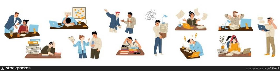 Set of annoyed people at work flat vector illustration on white. Scenes with office employees tired of stressful job, colleagues having conflict, angry boss yelling, man fired, woman suffering burnout. Set of annoyed people at work flat vector