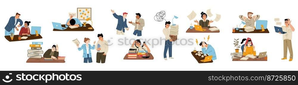 Set of annoyed people at work flat vector illustration on white. Scenes with office employees tired of stressful job, colleagues having conflict, angry boss yelling, man fired, woman suffering burnout. Set of annoyed people at work flat vector