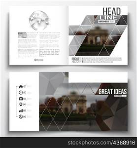 Set of annual report business templates for brochure, magazine, flyer or booklet. Polygonal background, blurred image, urban landscape, Paris cityscape, modern triangular vector texture.