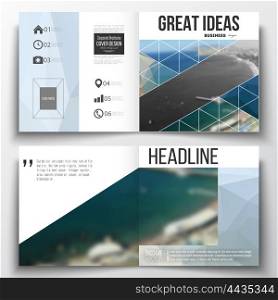 Set of annual report business templates for brochure, magazine, flyer or booklet. Colorful polygonal backdrop, blurred background, sea landscape, modern triangle vector texture.