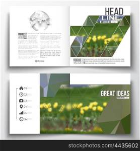 Set of annual report business templates for brochure, magazine, flyer or booklet. Colorful polygonal floral background, blurred image, yellow flowers on green, modern triangular texture.