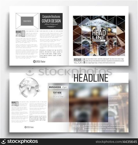 Set of annual report business templates for brochure, magazine, flyer or booklet. Colorful polygonal background, blurred image, night city landscape, modern triangular vector texture.