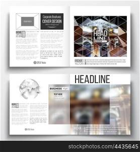 Set of annual report business templates for brochure, magazine, flyer or booklet. Colorful polygonal background, blurred image, night city landscape, modern triangular vector texture.