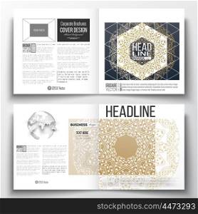 Set of annual report business templates for brochure, magazine, flyer or booklet. Golden microchip pattern, connecting dots and lines, connection structure. Digital scientific background.