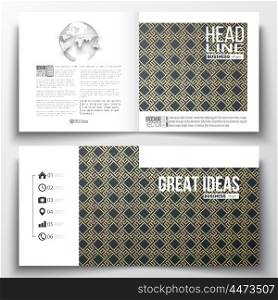 Set of annual report business templates for brochure, magazine, flyer or booklet. Islamic gold pattern with overlapping geometric square shapes forming abstract ornament. Vector golden texture
