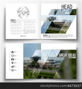 Set of annual report business templates for brochure, magazine, flyer or booklet. Colorful polygonal background, blurred image, airport landscape, modern stylish triangular vector texture.