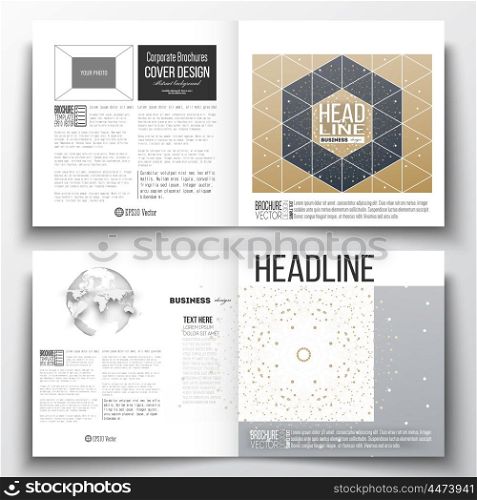 Set of annual report business templates for brochure, magazine, flyer or booklet. Polygonal backdrop with connecting dots and lines, golden background, connection structure. Digital or science vector