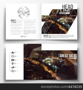 Set of annual report business templates for brochure, magazine, flyer or booklet. Dark polygonal background, blurred image, night city landscape, Paris cityscape, modern triangular vector texture.