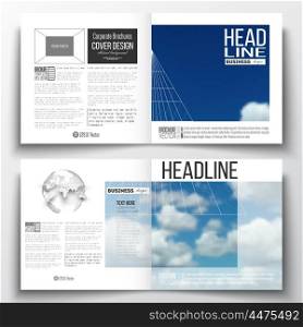 Set of annual report business templates for brochure, magazine, flyer or booklet. Beautiful blue sky, abstract geometric background with white clouds, leaflet cover, business layout, vector.