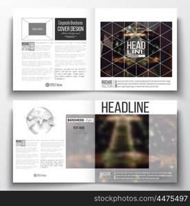 Set of annual report business templates for brochure, magazine, flyer or booklet. Dark polygonal background, blurred image, night city landscape, Paris cityscape, modern triangular vector texture.