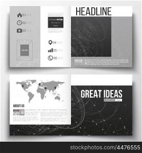 Set of annual report business templates for brochure, magazine, flyer or booklet. Molecular construction with connected lines and dots, scientific or digital design pattern on black background.