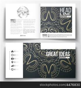 Set of annual report business templates for brochure, magazine, flyer or booklet. Polygonal backdrop with golden connecting dots and lines, connection structure. Digital scientific background.