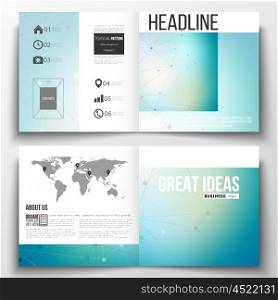 Set of annual report business templates for brochure, magazine, flyer or booklet. Molecular construction with connected lines and dots, scientific or digital design pattern on gray background.