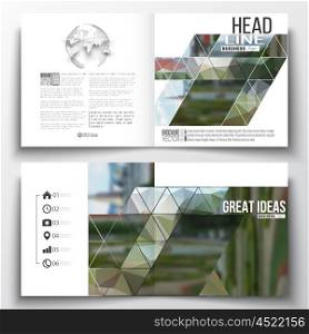 Set of annual report business templates for brochure, magazine, flyer or booklet. Polygonal background, blurred image, park landscape, modern stylish vector texture.