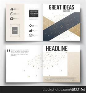 Set of annual report business templates for brochure, magazine, flyer or booklet. Polygonal backdrop with connecting dots and lines, golden background, connection structure. Digital or science vector
