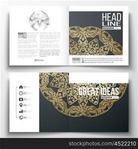 Set of annual report business templates for brochure, magazine, flyer or booklet. Golden microchip pattern, dark background, mandala template with connecting dots and lines. Digital scientific vector