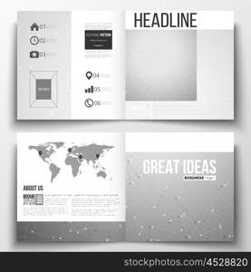 Set of annual report business templates for brochure, magazine, flyer or booklet. Molecular construction with connected lines and dots, scientific or digital design pattern on gray background.