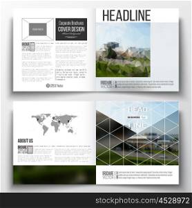 Set of annual report business templates for brochure, magazine, flyer or booklet. Colorful polygonal background, blurred image, airport landscape, modern stylish triangular vector texture.