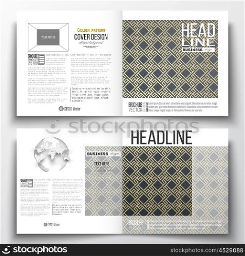 Set of annual report business templates for brochure, magazine, flyer or booklet. Islamic gold pattern with overlapping geometric square shapes forming abstract ornament. Vector golden texture