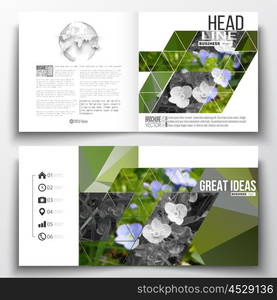 Set of annual report business templates for brochure, magazine, flyer or booklet. Polygonal floral background, blurred image, blue flowers in green grass closeup, modern triangular texture.