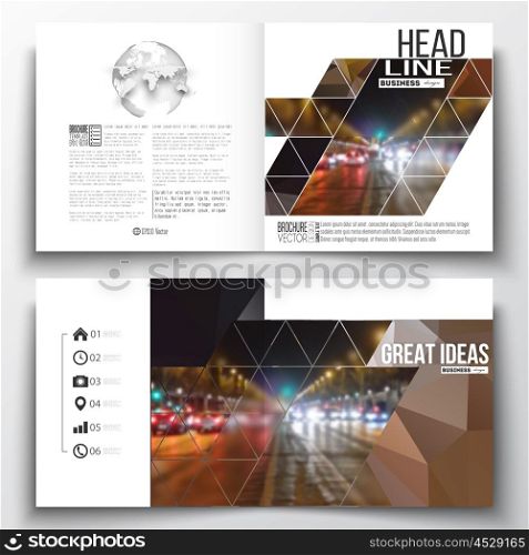 Set of annual report business templates for brochure, magazine, flyer or booklet. Dark polygonal background, blurred image, night city landscape, car traffic, modern triangular texture.