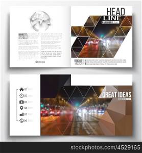 Set of annual report business templates for brochure, magazine, flyer or booklet. Dark polygonal background, blurred image, night city landscape, car traffic, modern triangular texture.