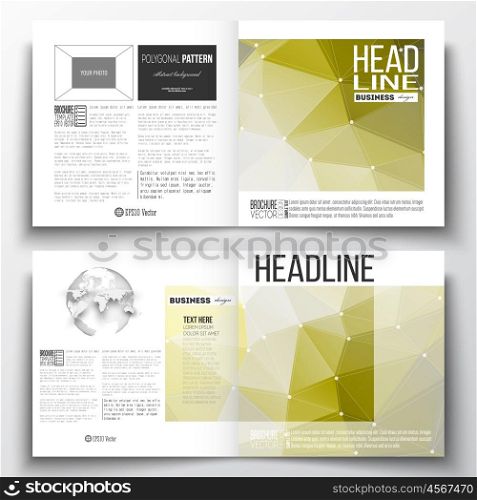 Set of annual report business templates for brochure, magazine, flyer or booklet. Molecular construction with connected lines and dots, scientific pattern on abstract yellow polygonal background, modern stylish triangle vector texture.