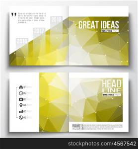 Set of annual report business templates for brochure, magazine, flyer or booklet. Molecular construction with connected lines and dots, scientific pattern on abstract yellow polygonal background, modern stylish triangle vector texture.