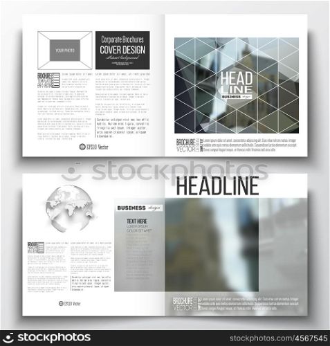 Set of annual report business templates for brochure, magazine, flyer or booklet. Polygonal background, blurred image, urban landscape, modern stylish triangular vector texture.