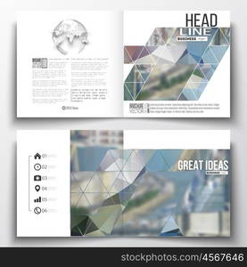 Set of annual report business templates for brochure, magazine, flyer or booklet. Polygonal background, blurred image, urban landscape, modern stylish triangular vector texture.