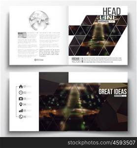 Set of annual report business templates for brochure, magazine, flyer or booklet. Dark polygonal background, blurred image, night city landscape, Paris cityscape, modern triangular vector texture.