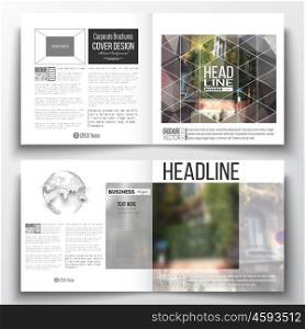 Set of annual report business templates for brochure, magazine, flyer or booklet. Polygonal background, blurred image, urban landscape, street in Montmartre, Paris cityscape, triangular vector texture.
