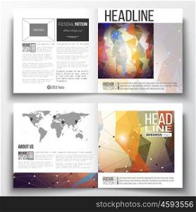 Set of annual report business templates for brochure, magazine, flyer or booklet. Molecular construction with connected lines and dots, scientific pattern on abstract colorful polygonal background, modern stylish triangle vector texture.