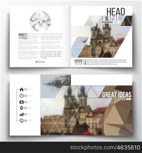 Set of annual report business templates for brochure, magazine, flyer or booklet. Polygonal background, blurred image, urban landscape, cityscape of Prague, modern triangular texture.