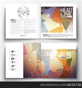Set of annual report business templates for brochure, magazine, flyer or booklet. Molecular construction with connected lines and dots, scientific pattern on abstract colorful polygonal background, modern stylish triangle vector texture.