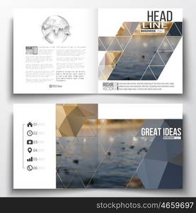 Set of annual report business templates for brochure, magazine, flyer or booklet. Polygonal background, blurred image, urban landscape, cityscape, modern stylish triangular vector texture.