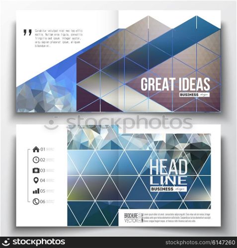Set of annual report business templates for brochure, magazine, flyer or booklet. Abstract colorful polygonal background with blurred image on it, modern stylish triangle vector texture.