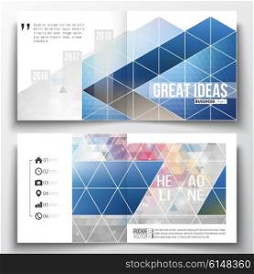 Set of annual report business templates for brochure, magazine, flyer or booklet. Abstract colorful polygonal background with blurred image on it, modern stylish triangle vector texture.